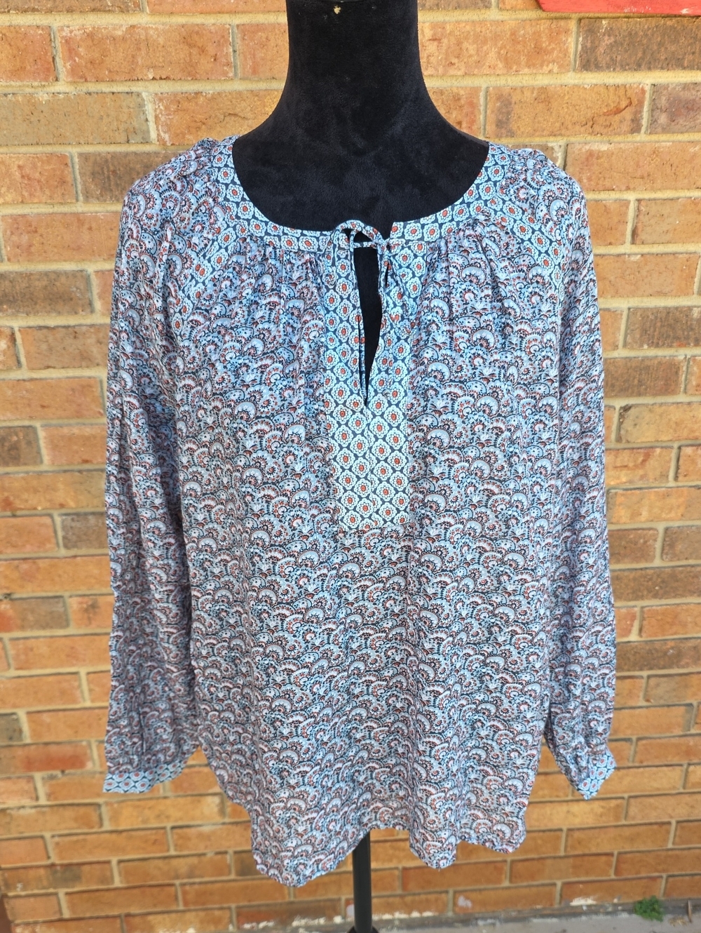 LOFT Blue Paisley Print Tie-Neck Blouse Size M